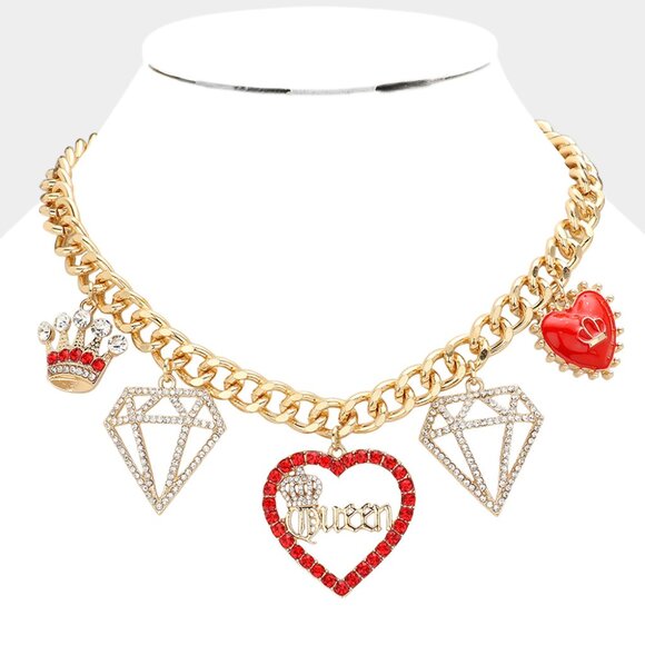 Crown Diamond Queen Message Heart Link Necklace - Picture 1 of 2